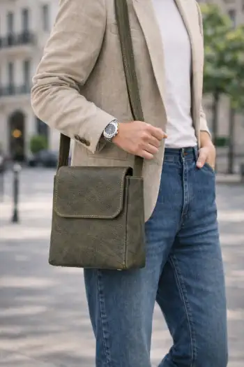 Sacoche pour homme en croute de cuir. Aspect vieilli. Deux poches. Pratique et durable. Fabrication artisanale française par Magali Billy Maroquinerie. 