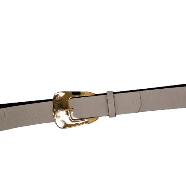 Ceinture brute beige, largeur 35 mm, grosse boucle dorée, vue globale - Fabrication artisanale en France, dans notre atelier en Vendée.