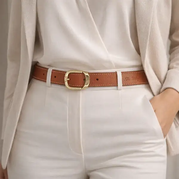 Ceinture en cuir pleine fleur camel pour femme, piqûre décorative beige, largeur 30 mm, boucle dorée. Fabrication artisanale en France. Portée pantalon.