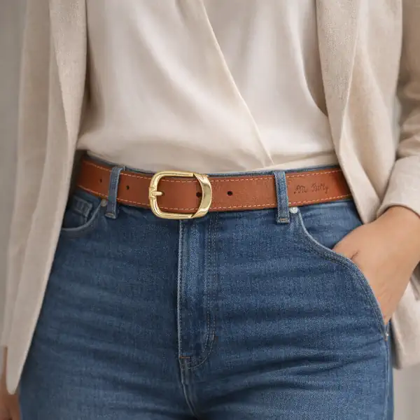 Ceinture piquée en cuir camel femme 30 mm - boucle dorée – Image 3
