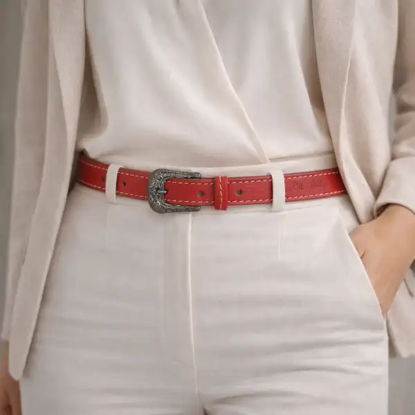Ceinture fine en cuir pleine fleur rouge pour femme, piqûre décorative beige, largeur 20 mm, boucle à fleurs discrètes. Fabrication artisanale. Portée pantalon.