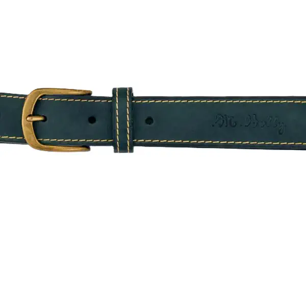 Ceinture en cuir pleine fleur vert foncé pour femme/homme, piqûre décorative jaune, largeur 30 mm, boucle laiton vieilli. Fabrication artisanale. Boucle.