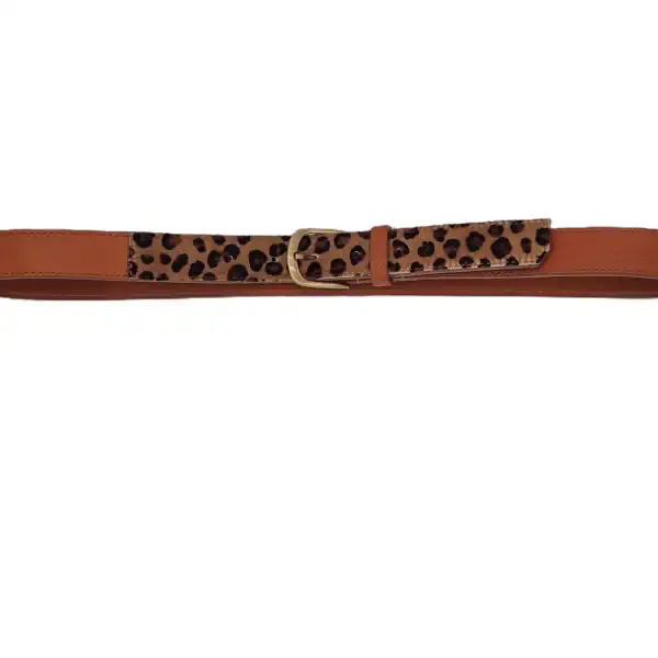 Ceinture fantaisie en cuir camel avec empiècement léopard. Pièce unique fabriquée artisanalement en Vendée. Largeur 30 mm, finitions soignées.