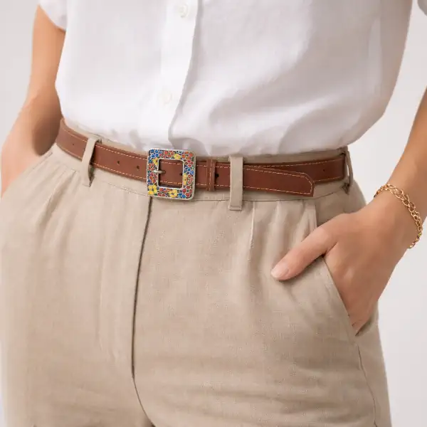 Ceinture cuir marron femme 25 mm – boucle fleurie – Image 2