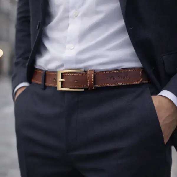 Ceinture en cuir marron, 30 mm, piqûre orange, boucle laiton satiné. Fabriquée artisanalement en France, en Vendée - Portée.