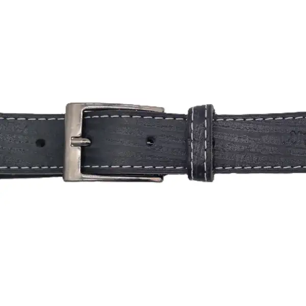 Ceinture en cuir noir et gris 30 mm, piqûre bleu, boucle argent satiné. Fabriquée artisanalement en France, en Vendée - Global.