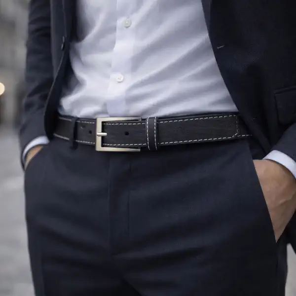 Ceinture en cuir noir et gris 30 mm, piqûre beige, boucle canon fusil. Fabriquée artisanalement en France, en Vendée - Portée.