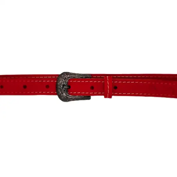 Ceinture fine en cuir pleine fleur rouge pour femme, piqûre décorative beige, largeur 20 mm, boucle à fleurs discrètes. Fabrication artisanale. Global.