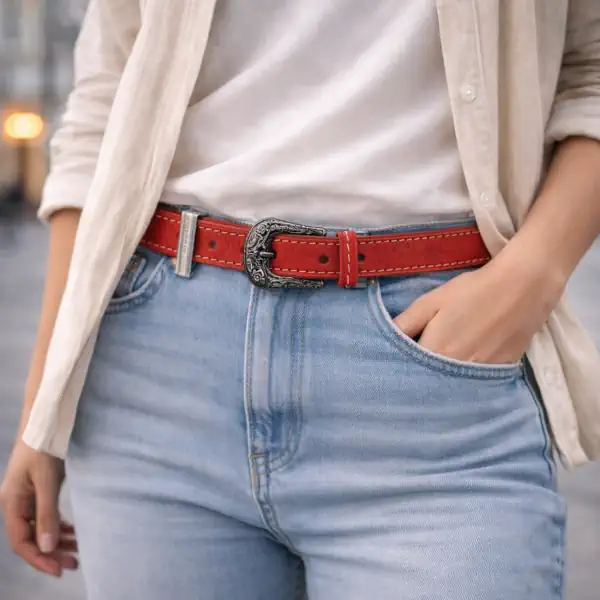 Ceinture fine en cuir pleine fleur rouge pour femme, piqûre décorative beige, largeur 20 mm, boucle à fleurs discrètes. Fabrication artisanale. Jeans.