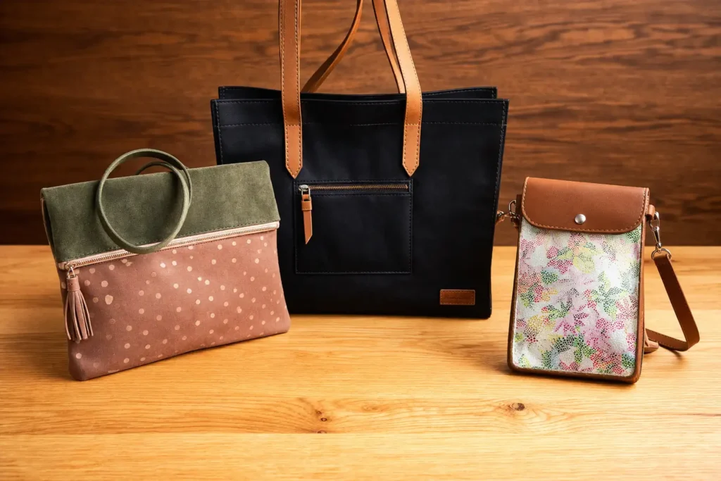 Sacs et pochettes artisanaux divers en cuir pour femme - Du petit au grand sac cabas, à la pochette légères ou minimaliste, en passant par le petit sac compact.