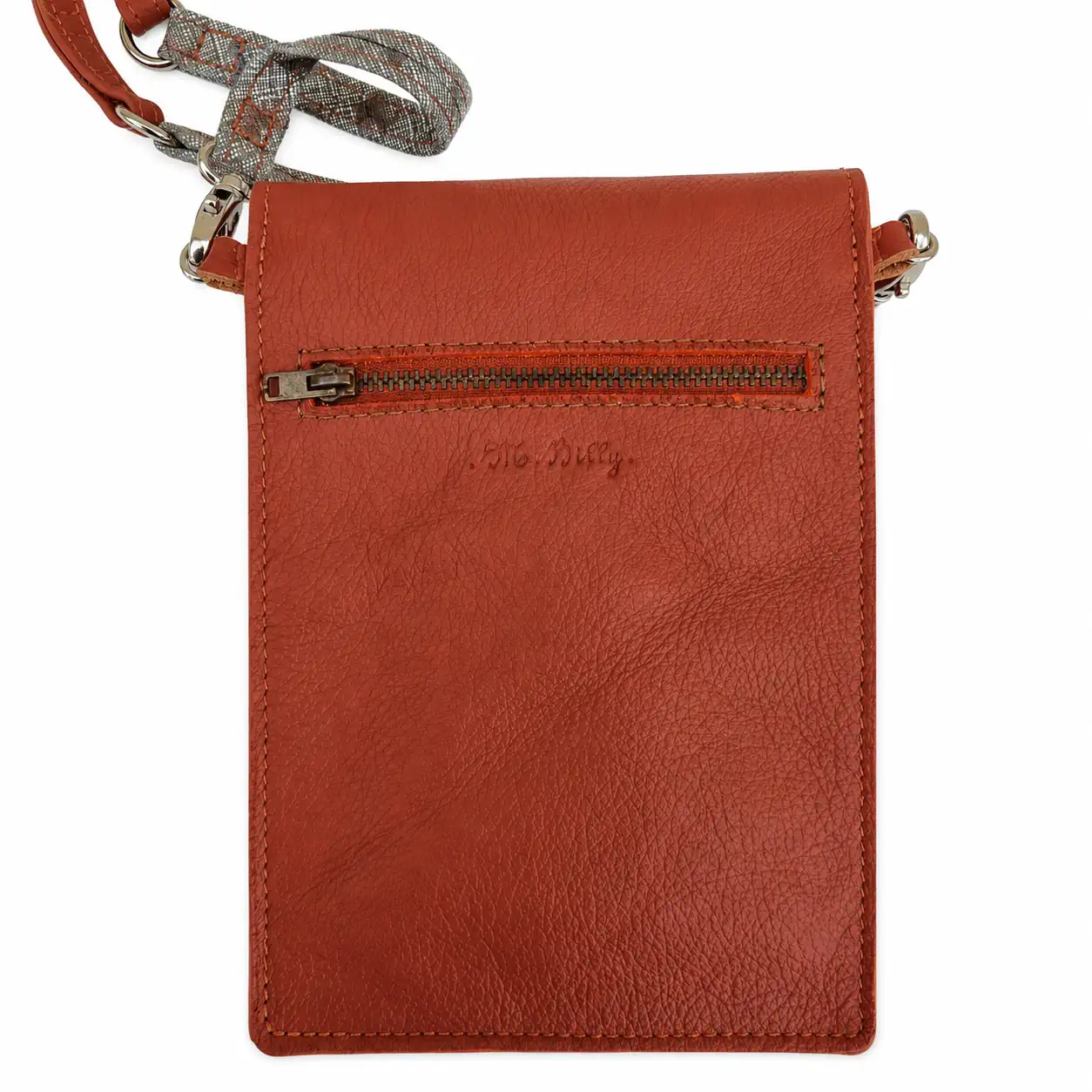 Pochette artisanale en cuir "Pratique Chic" - Rouge Orange Brique et Gris à motifs "Papillons" – Image 2