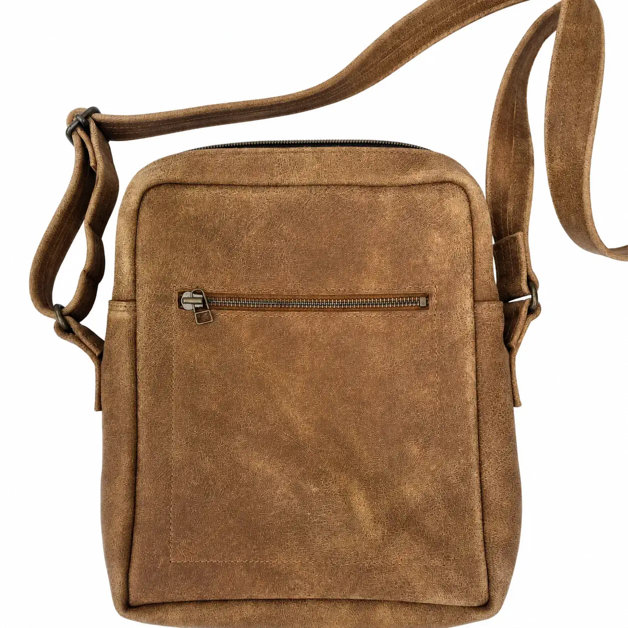 Sacoche homme artisanale en cuir marron clair patiné avec poche extérieure zippée - vue de face