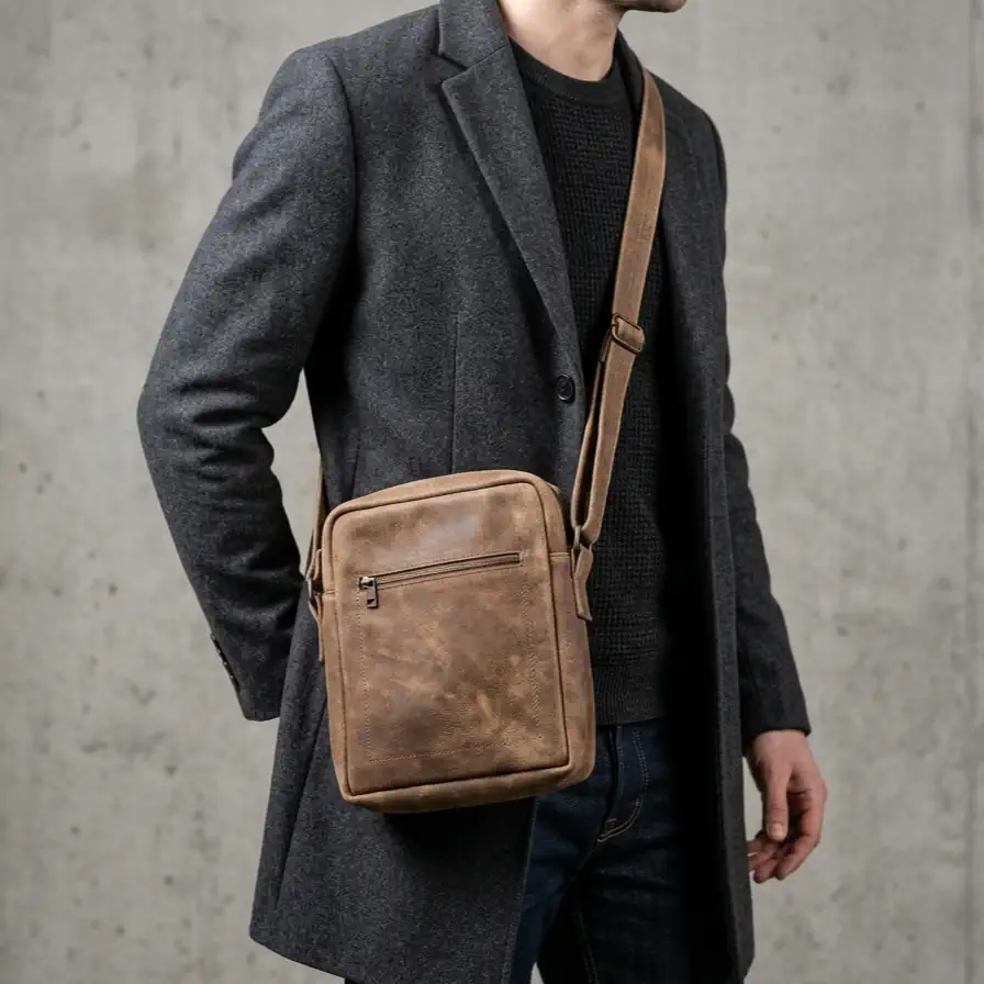 Sacoche artisanale en cuir marron clair patiné portée en bandoulière