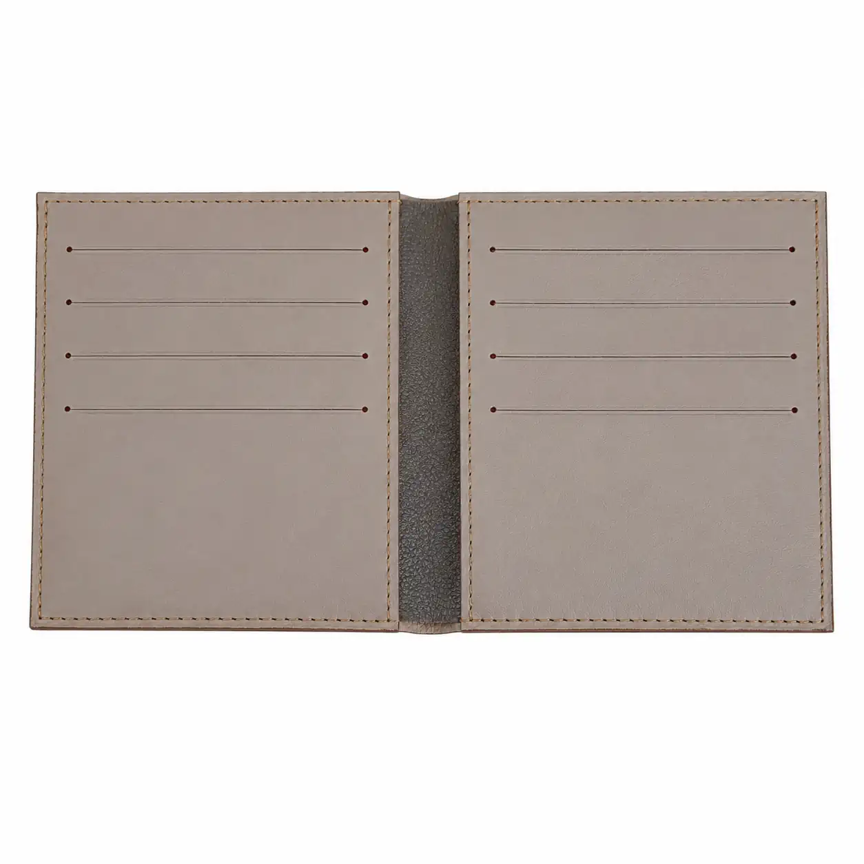Porte-cartes artisanal en cuir beige ouvert avec 8 emplacements cartes et compartiment billets