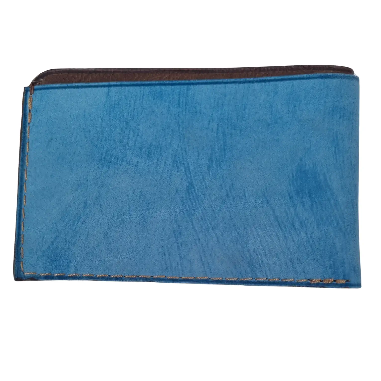 Porte-cartes fin artisanal en cuir bleu ciel patiné et marron – Image 3
