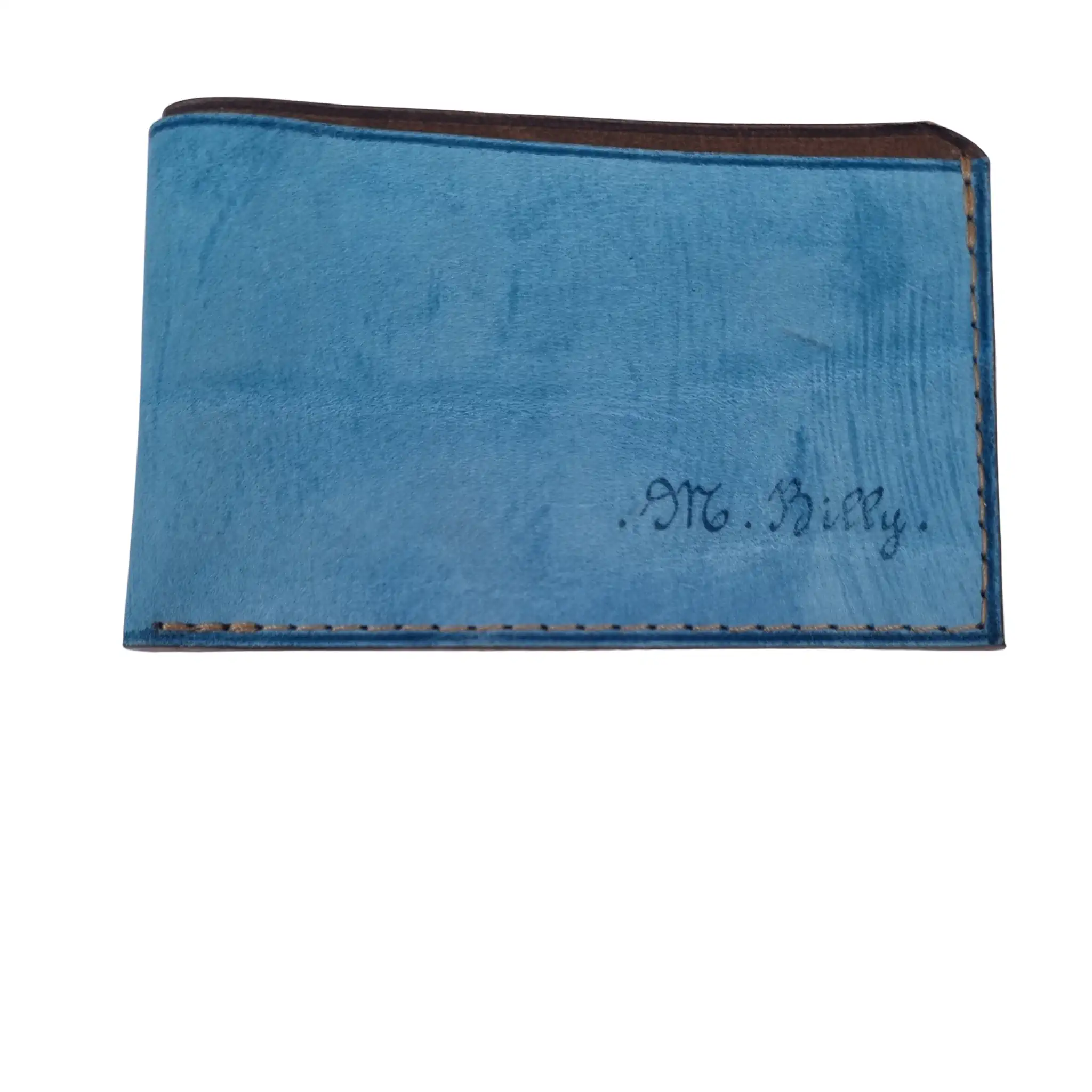 Porte-cartes fin artisanal en cuir bleu ciel patiné et marron avec poche extérieure.