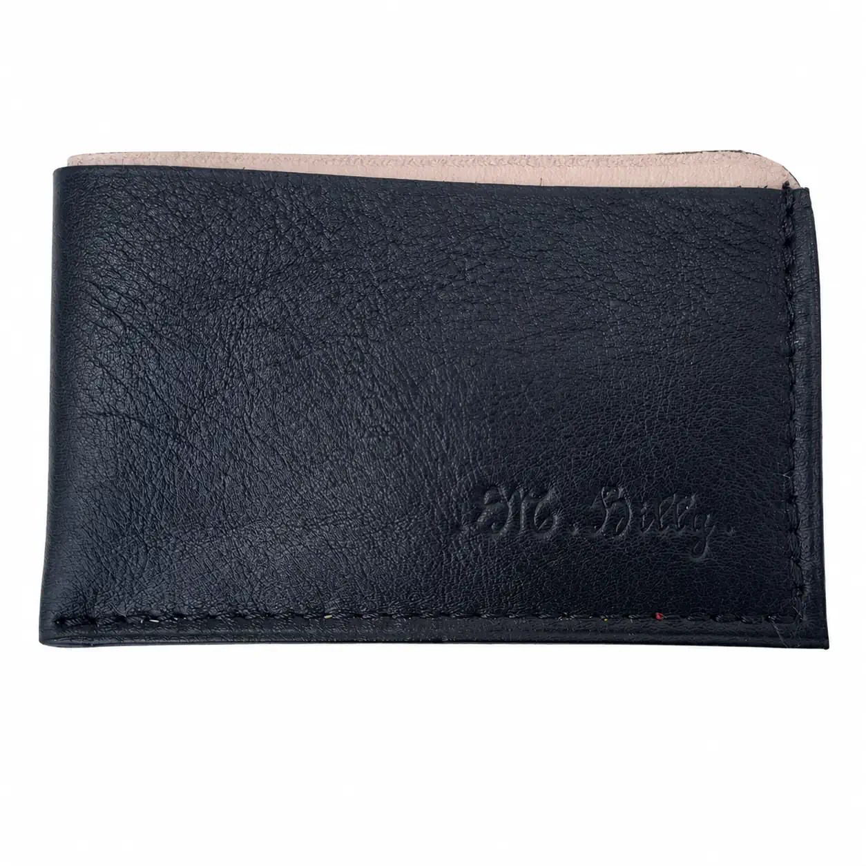Porte-cartes fin en cuir noir lisse et cuir taupe, format compact avec poche centrale.