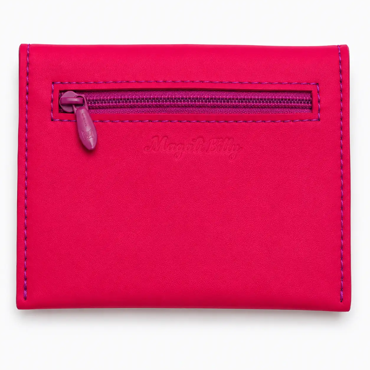 Dos du porte-monnaie artisanal en cuir rose fuchsia avec poche zippée