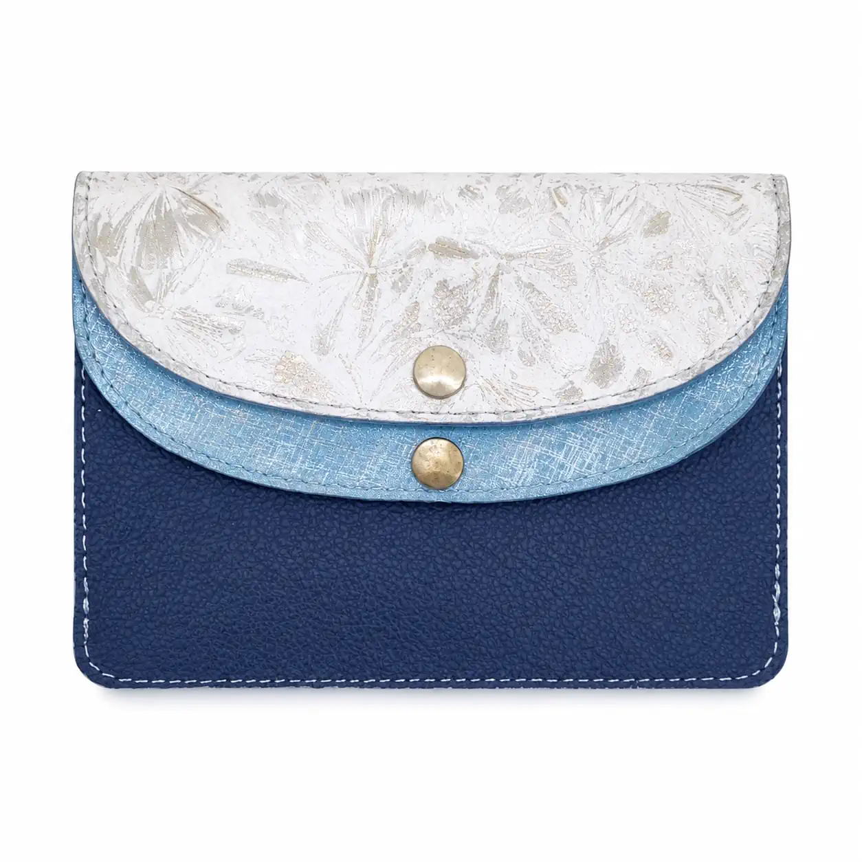 Portefeuille femme en cuir à rabats blanc à fleurs argentées, bleu ciel métallisé et bleu marine – vue de face