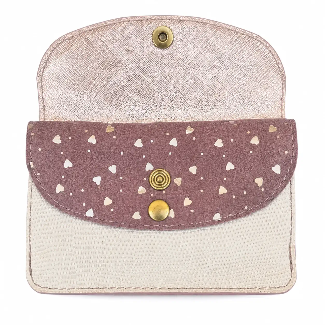 Portefeuille femme en cuir à rabats - Format moyen - Rose poudré, cœurs et beige – Image 3