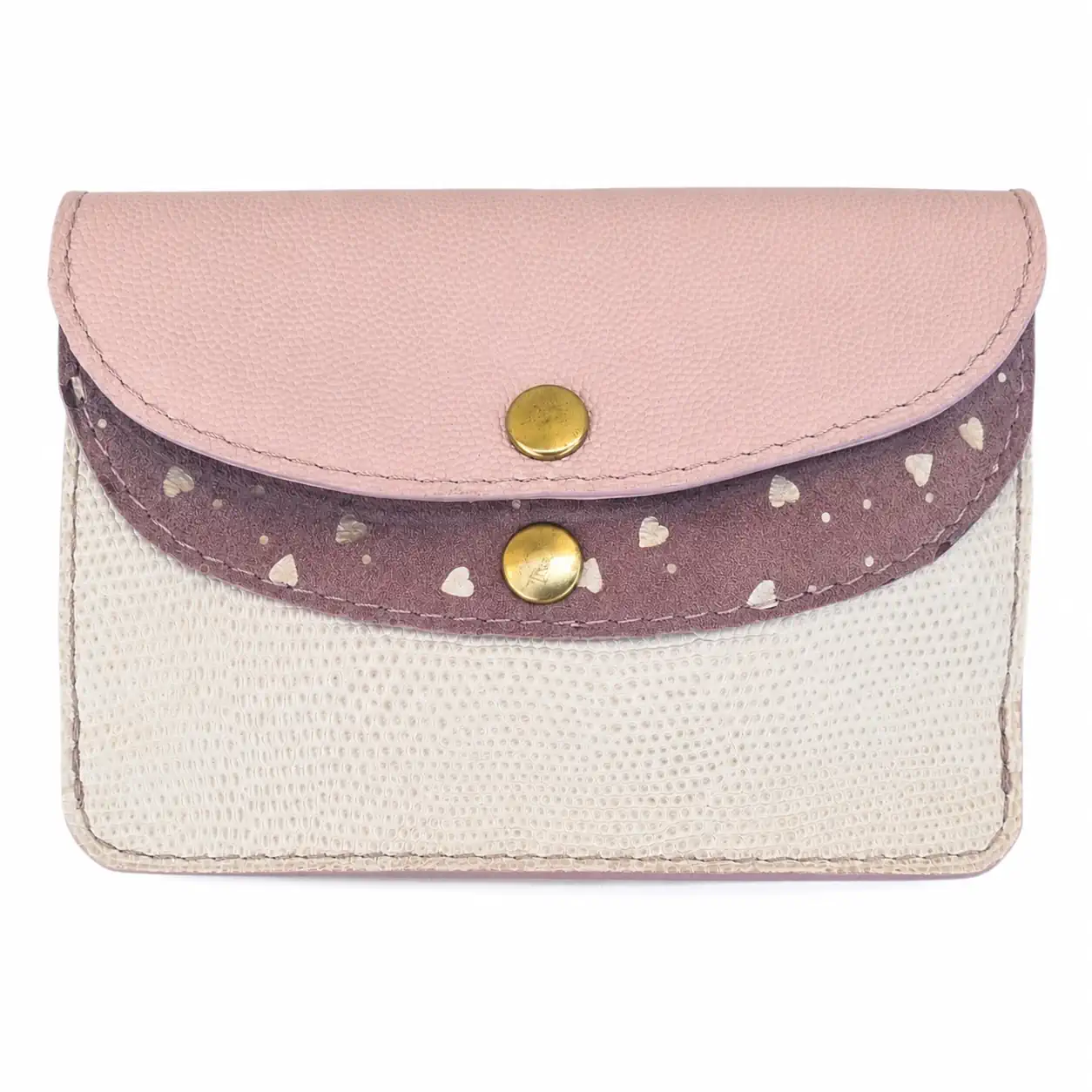 Portefeuille femme en cuir à rabats format moyen rose poudré, vieux rose à cœurs dorés et beige texturé - vue de face