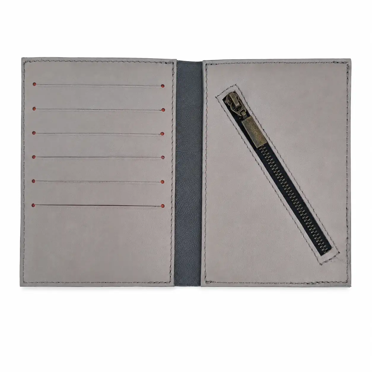 Intérieur portefeuille homme cuir gris avec 6 emplacements cartes et poche zippée