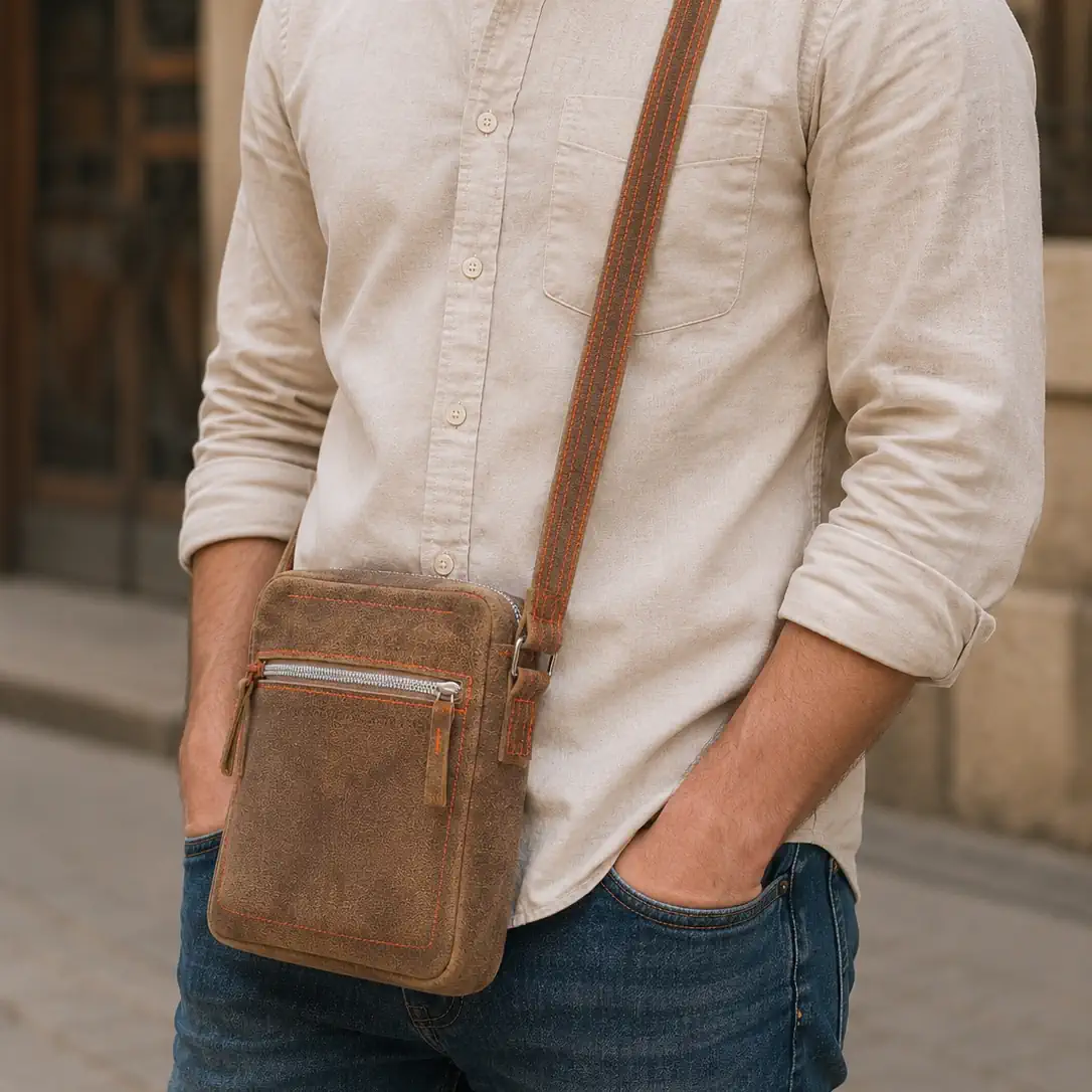 Sacoche homme en cuir marron clair patiné portée en bandoulière avec chemise beige et jean.