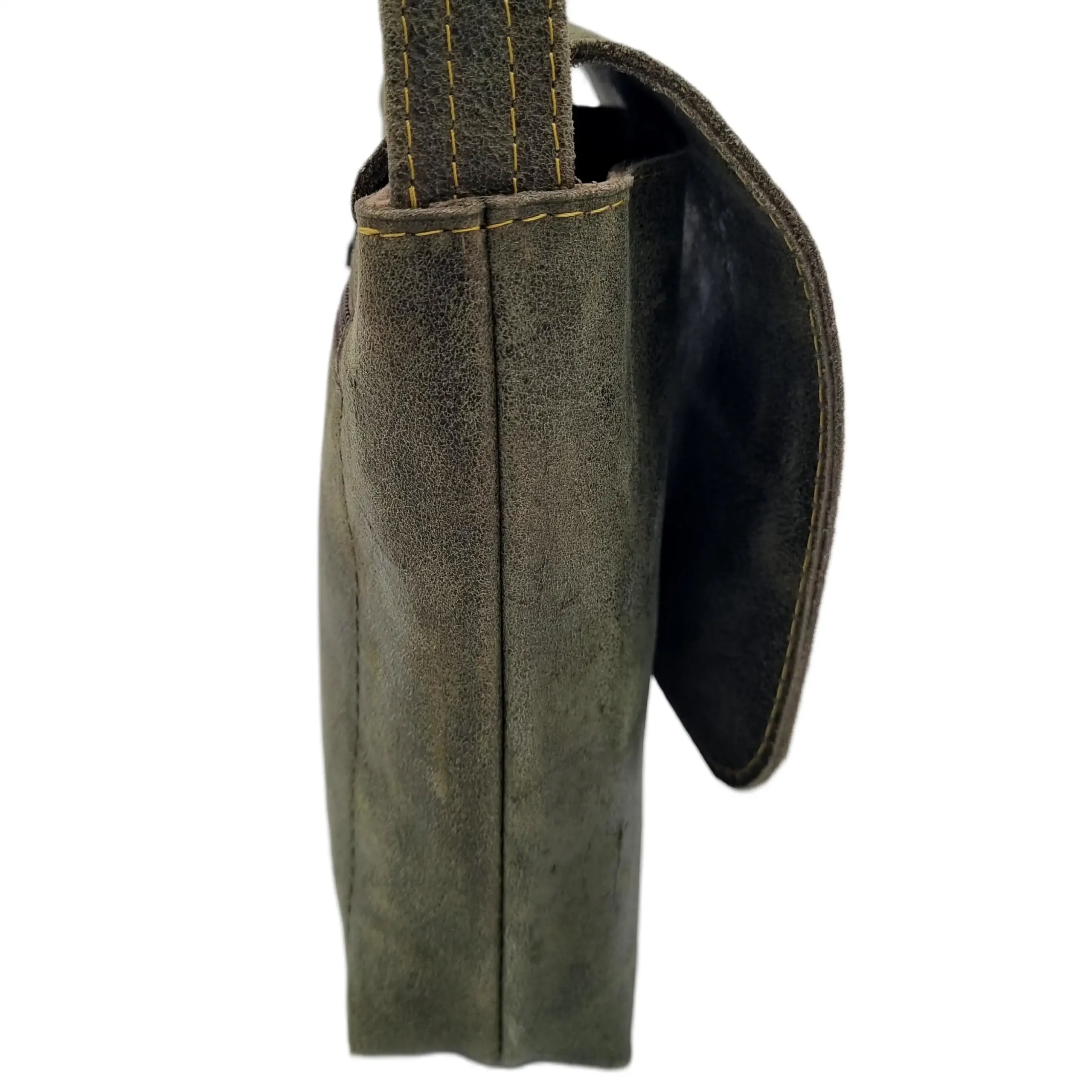 Sacoche homme artisanale en cuir kaki patiné vieilli - Pièce unique – Image 3