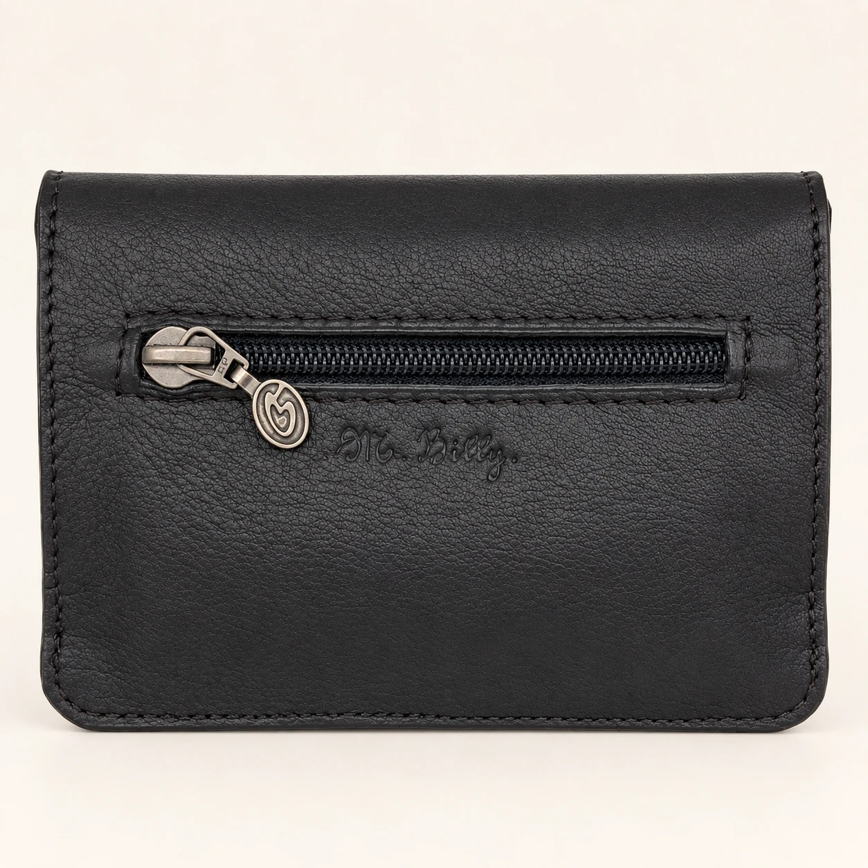 Portefeuille artisanal femme en cuir noir avec poche zippée au dos